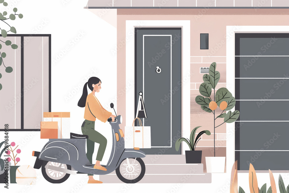 Minimalist art illustration of a courier person on a scooter delivering a package to the doorstep of a residential building for a home delivery service concept in an urban e-commerce scene Minimalist art illustration of a courier person on a scooter delivering a package to the doorstep of a residential building for a home delivery service concept in an urban e-commerce scene
