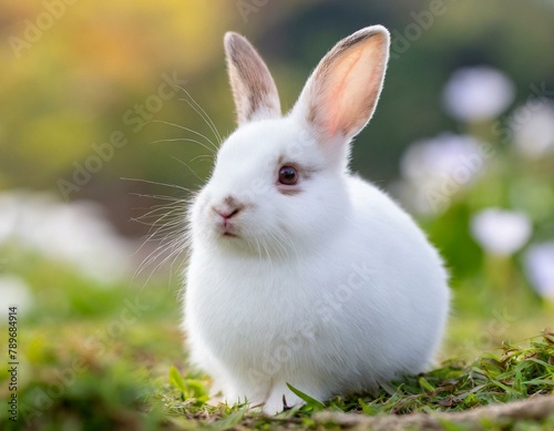Cute baby rabbit all white sitting in the meadow