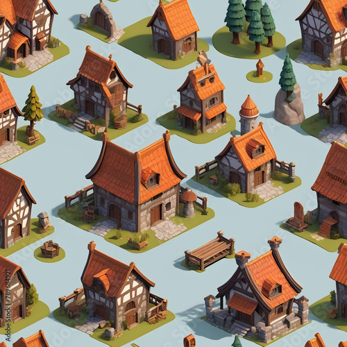 collection of Isometric  art of a variety of modular buildings in a medieval style, 