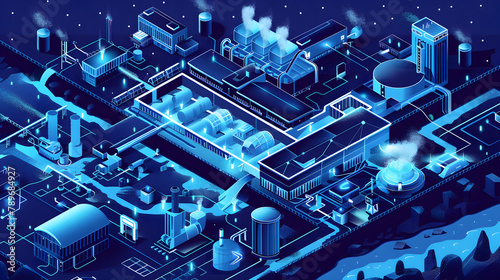 An illustration of blue energy technology showcasing various sustainable technologies like hydroelectric dams. tidal turbines