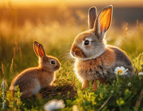 Parent and child rabbits sitting in a meadow at sunset
