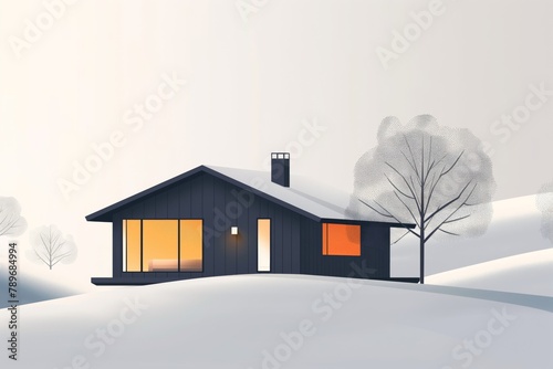Illustration of a contemporary minimalist house with warm lights against a snowy backdrop, ideal for real estate concepts