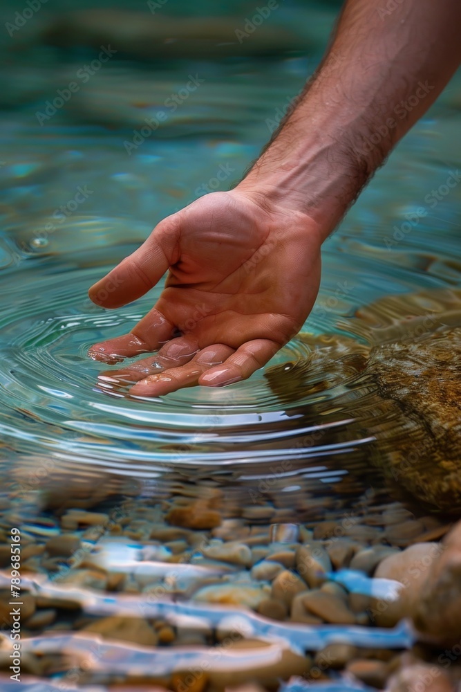 A man's hand is touching the water in a river, AI A man's hand is touching the water in a river, AI