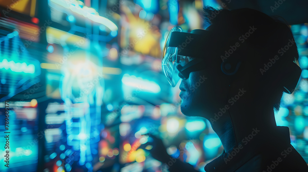 An individual donning AR goggles is observing a holographic projection with diverse digital displays in the backdrop. symbolizing augmented reality leisure and immersive multimedia interactions An individual donning AR goggles is observing a holographic projection with diverse digital displays in the backdrop. symbolizing augmented reality leisure and immersive multimedia interactions