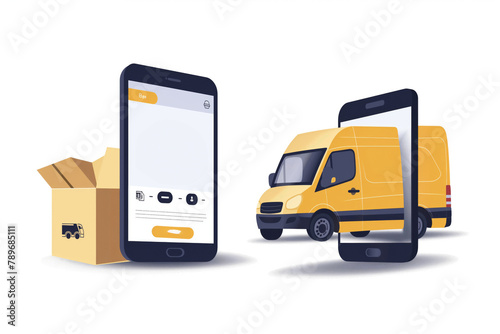 Minimalist illustration of a mobile delivery app interface next to a cardboard box and a delivery van