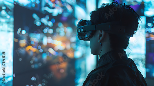 An individual donning AR goggles is observing a holographic projection with diverse digital displays in the backdrop. symbolizing augmented reality leisure and immersive multimedia interactions