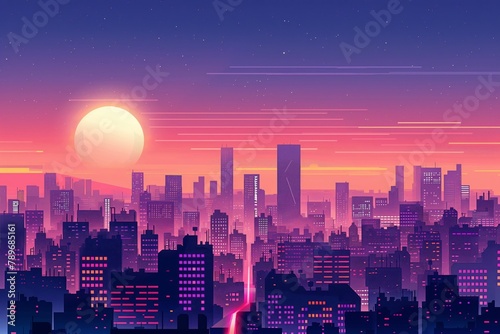 Vibrant night cityscape illustration with a full moon and gradient sky