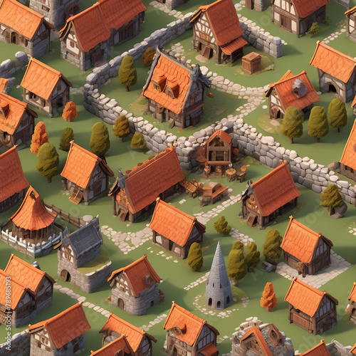 collection of Isometric  art of a variety of modular buildings in a medieval style, 