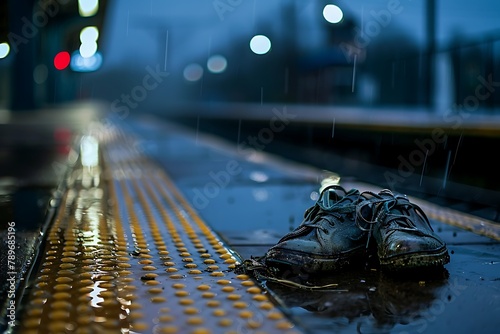 : A pair of worn-out shoes left on an empty train platform during a rainy night. photo