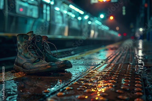 : A pair of worn-out shoes left on an empty train platform during a rainy night. photo