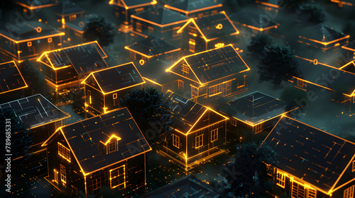 An inventive digital depiction of a housing estate constructed from linked. glowing data routes and plans