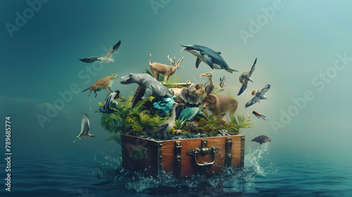 An open treasure chest with various animals leaping out of it. representing biodiversity. A creative concept for biology or environmental studies
