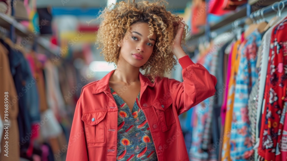 A woman with curly hair standing in a clothing store, AI