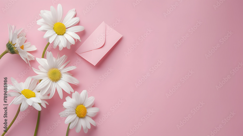 Beautiful daisies and gift envelopes on a pink background with copy space for text. depicting a Valentines Day concept. Shown in a flat lay style from a top view