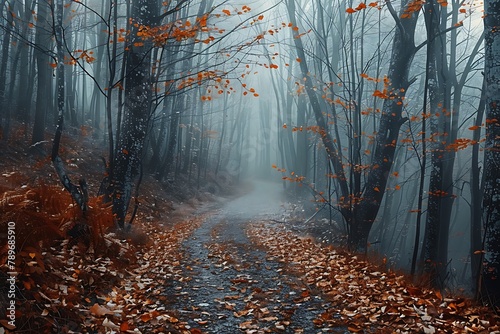: A path leading into the misty woods, covered in autumn leaves, with no end in sight.