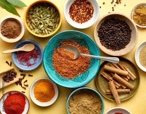 Various types of herbs and spices on yellow background. photo