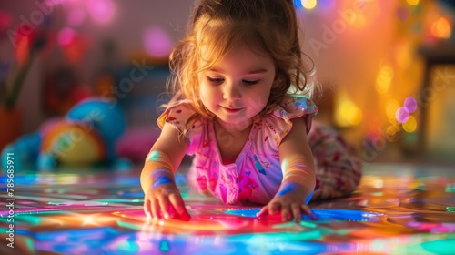 A little girl laying on the floor playing with a toy, AI