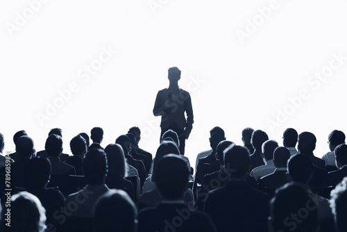 Presentation of a new product or business lecture. Man performs on stage in front of an audience in the hall. Conference or seminar 3D avatars set vector icon, white background, black colour icon