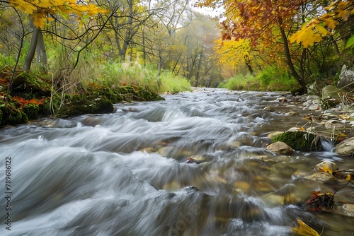 : A peaceful river flowing swiftly after a heavy rain, surrounded by autumn foliage