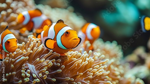 A school of clownfish swimming among colorful coral reefs, their vibrant orange and white stripes adding a splash of color to the underwater landscape.