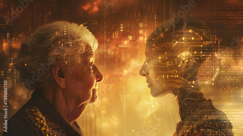 Connection between elderly woman and cyborg. electronic tech environment with reflection of binary code and data communication concept on brown glowing tech landscape