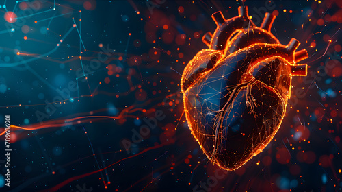 Cybernetic heart icon with data and online technology background for health tech. web design or digital marketing concept. Copy space