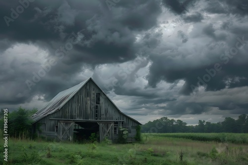 : A rain-soaked abandoned barn in a field, with storm clouds gathering above