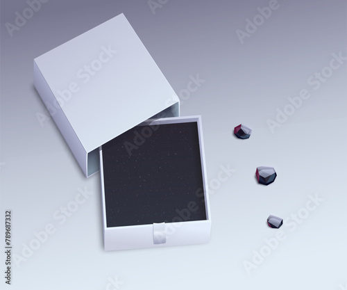 Box vector template, gift sliding box mockup. Premium cardboard box with ribbon handle. Packaging box template for jewelry or costume jewelry. Advertising business banner with box and crystals.