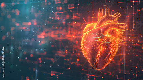 Cybernetic heart icon with data and online technology background for health tech. web design or digital marketing concept. Copy space