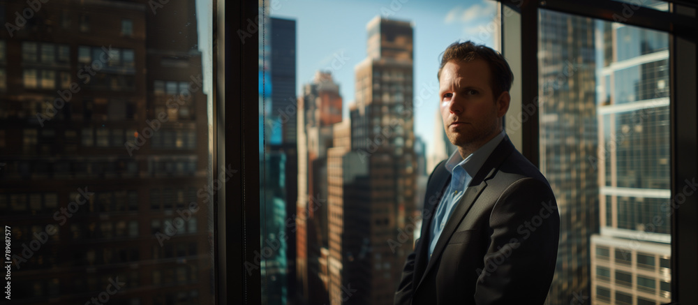 Fototapeta premium A confident businessman gazes intently through the window. The background consists of a blurred cityscape with multiple skyscrapers.Copy space