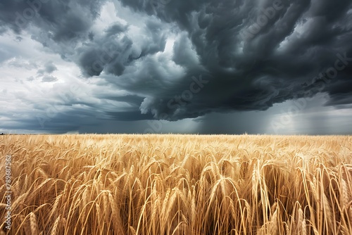   A rainstorm approaching over a golden wheat field  dark clouds looming
