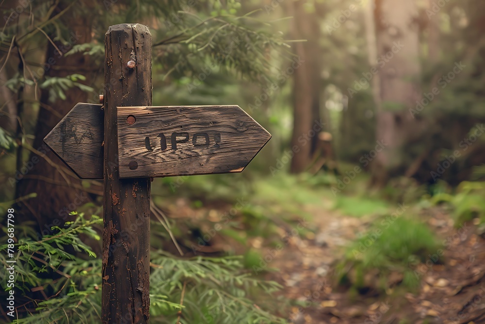 : A retro-style wooden arrow sign in a forest, directing towards the viewer.