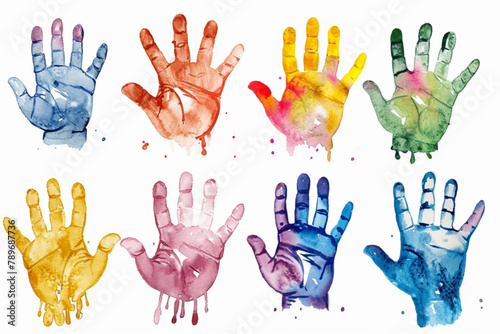 Set colorful hand print, paint watercolor isolated on white, clipping vector icon, white background, black colour icon
