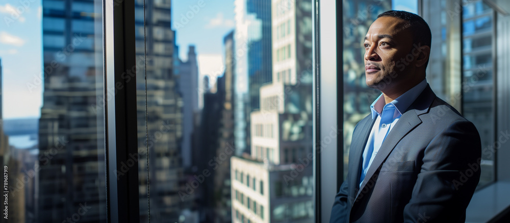 A confident businessman gazes intently through the window. The background consists of a blurred cityscape with multiple skyscrapers.Copy space A confident businessman gazes intently through the window. The background consists of a blurred cityscape with multiple skyscrapers.Copy space
