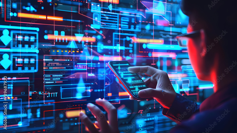 Data mining. Digital evolution. System designer working on a smartphone with AI. web security Data mining. Digital evolution. System designer working on a smartphone with AI. web security