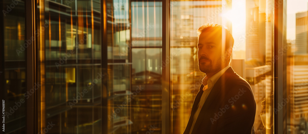A confident businessman gazes intently through the window. The background consists of a blurred cityscape with multiple skyscrapers.Copy space A confident businessman gazes intently through the window. The background consists of a blurred cityscape with multiple skyscrapers.Copy space