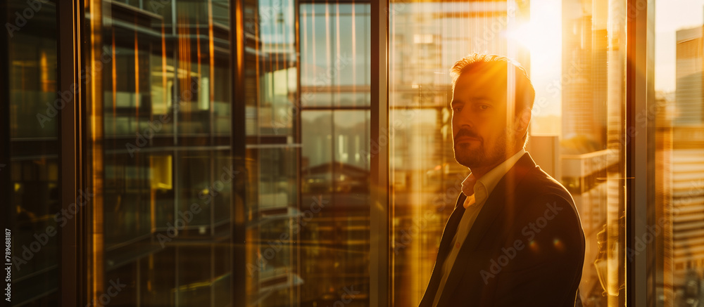 A confident businessman gazes intently through the window. The background consists of a blurred cityscape with multiple skyscrapers.Copy space