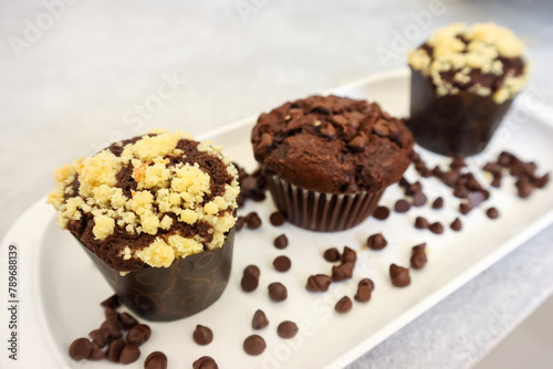 Chocolate muffin or cupcake with crumble topping