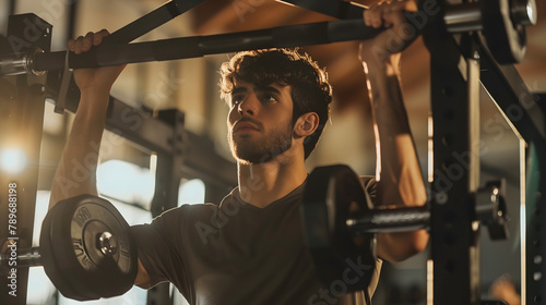  handsome man is working out in the gym, lifting weights with his hands while wearing black short sleeves and dark pants. He has curly hair and brown eyes photo