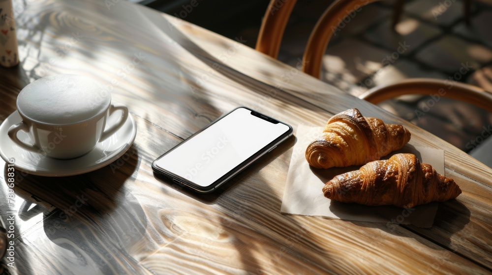 Smartphone Mockup with Cafe Table Setting, Cozy Coffee Shop, AI Created Smartphone Mockup with Cafe Table Setting, Cozy Coffee Shop, AI Created