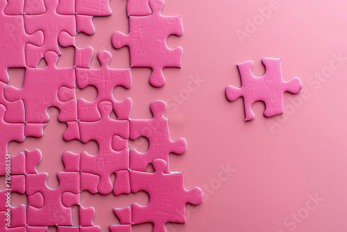 Pink jigsaw puzzle pieces on pink background. business concept. Copy space