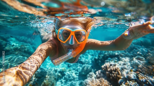 A woman snorkeling in the ocean with a mask and goggles, AI