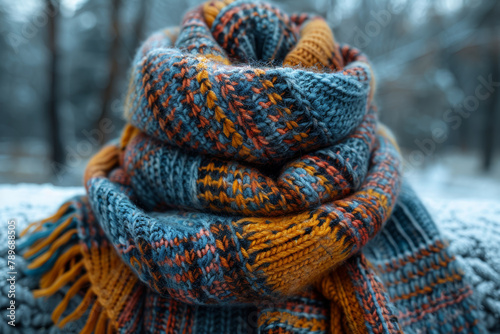 A chunky knit blanket scarf in a plaid pattern, providing both warmth and style during the colder seasons. Concept of cozy winter fashion and hygge. Generative Ai. photo