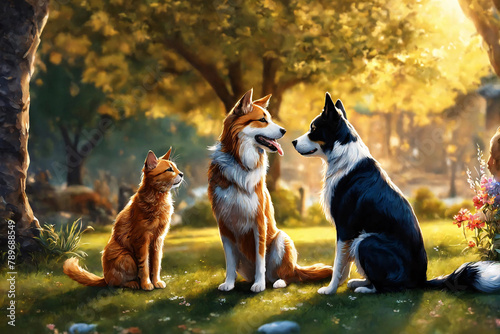 Painted picture of two mongrel dogs and cat together in the park photo