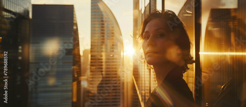 A confident businesswoman gazes intently through the window. The background consists of a blurred cityscape with multiple skyscrapers.Copy space