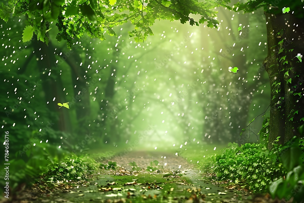 : A secluded forest path with raindrops glistening on vibrant green leaves
