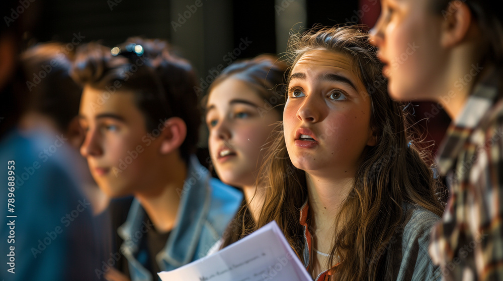 some young teen teenager actress and actors on a theatre rehearsal some young teen teenager actress and actors on a theatre rehearsal