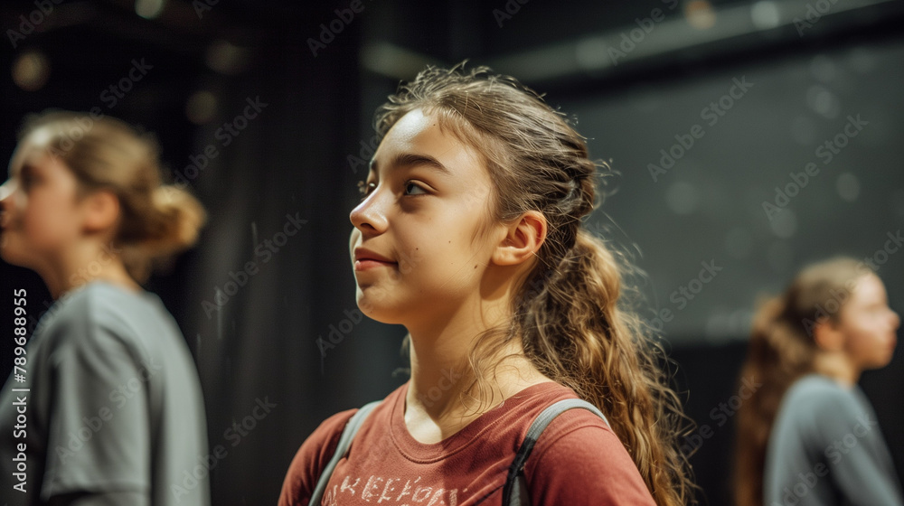 some young teen teenager actress and actors on a theatre rehearsal