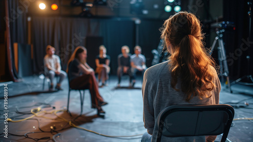 some young teen teenager actress and actors on a theatre rehearsal photo