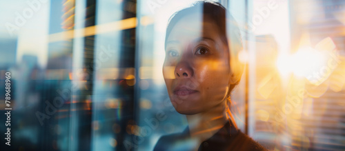 A confident businessman gazes intently through the window. The background consists of a blurred cityscape with multiple skyscrapers.Copy space